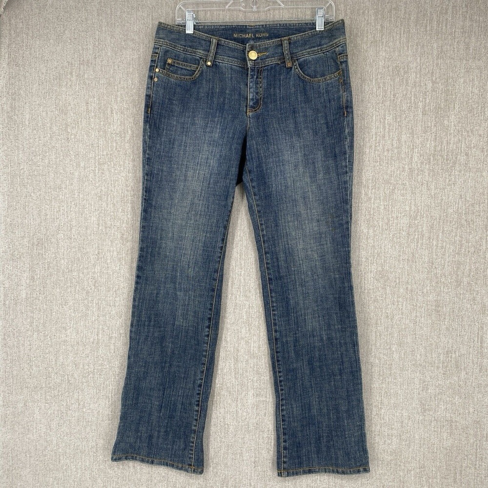 Michael Kors Studded Zipper Pocket Straight Leg Jeans 8 Blue Denim Gold Hardware